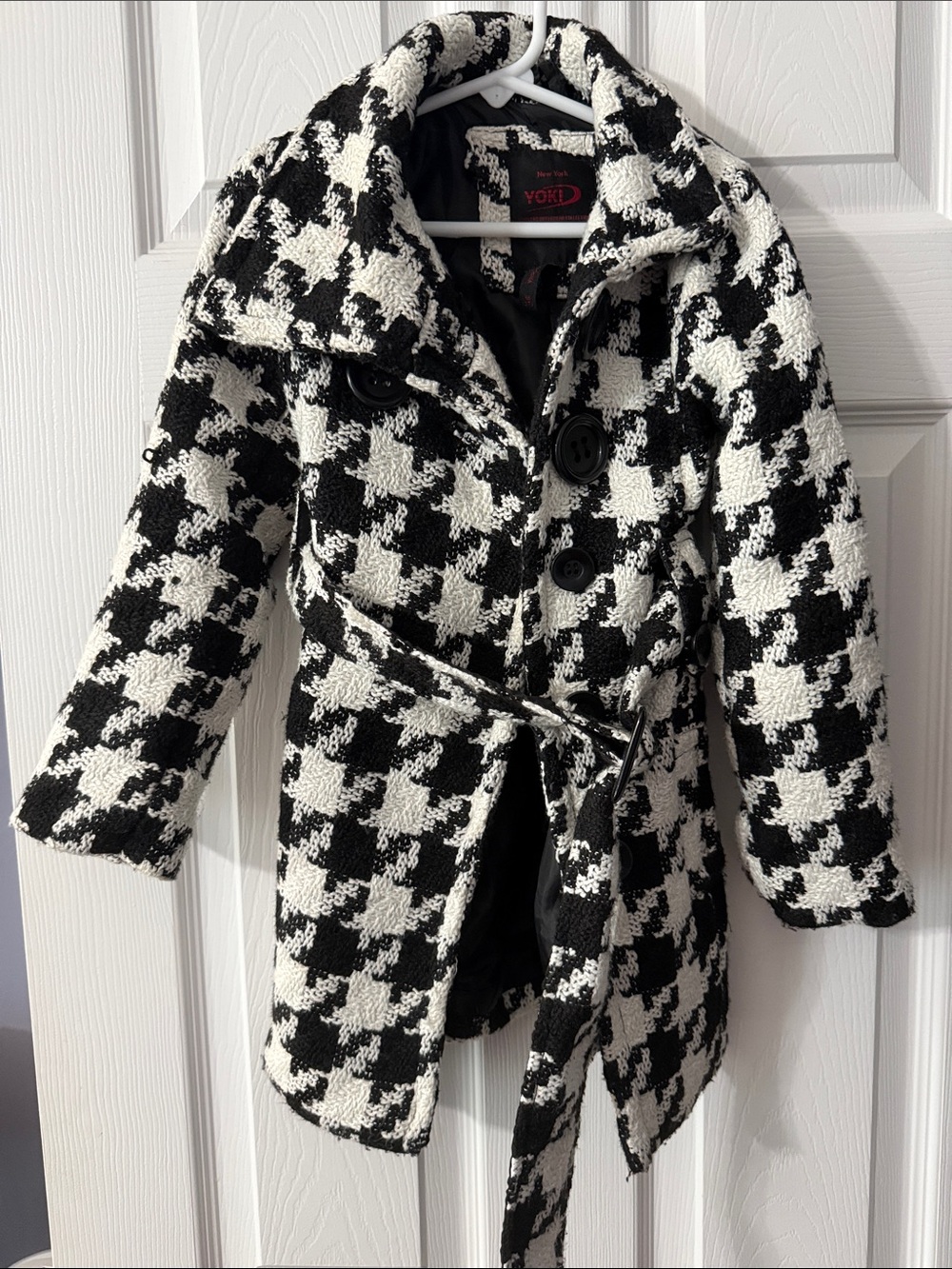 Yoki Black & White Houndstooth Belted Trench Coat